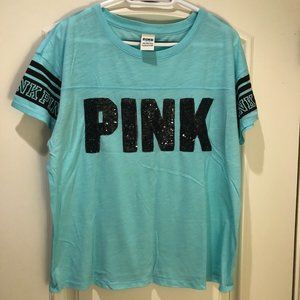 PINK Victoria's Secret Blue Sequin Logo T-Shirt with Arm Detailing Size L